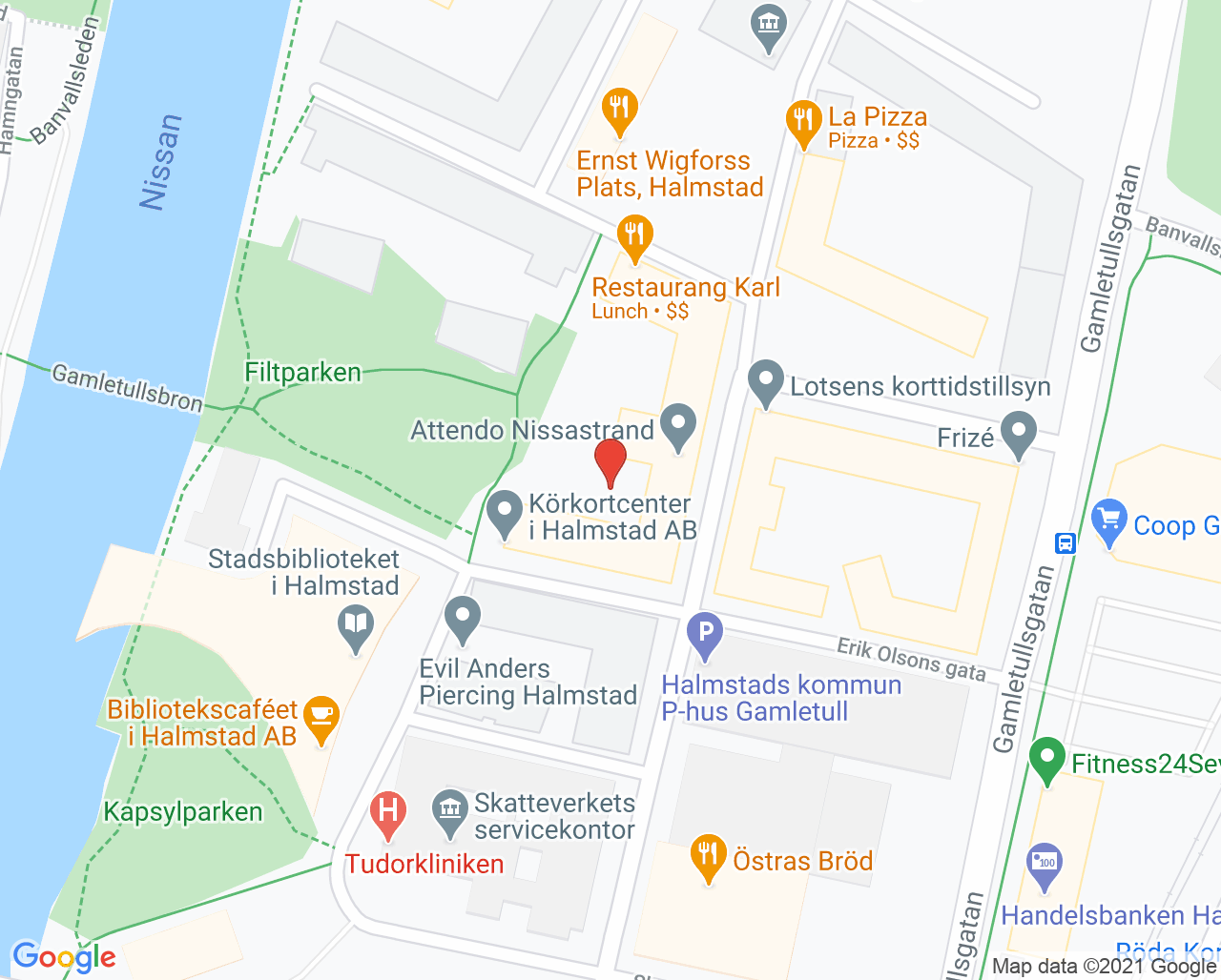 Karta till Tudorkliniken Diabetesmottagning Halmstad