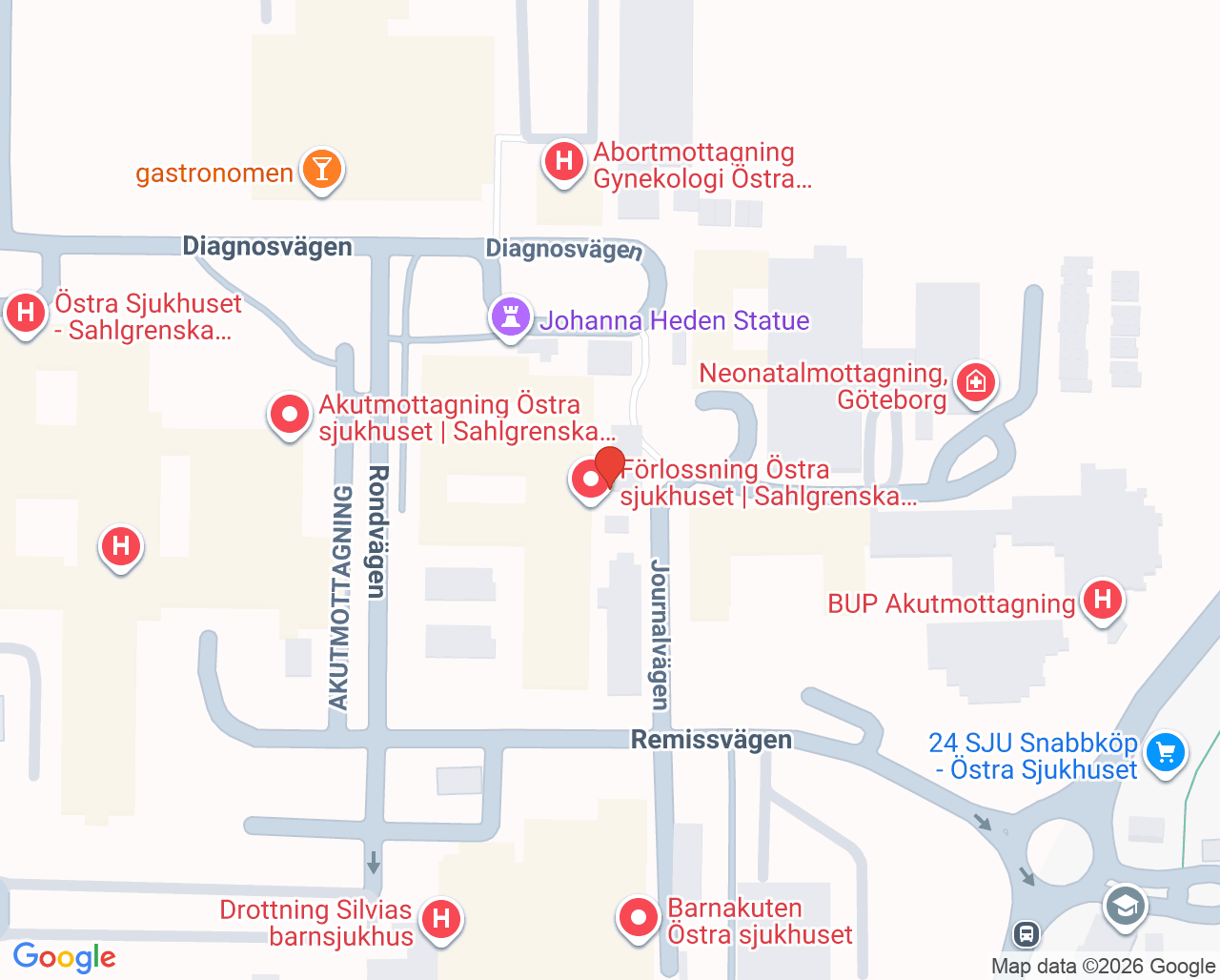 Karta till Akutmottagning för gravida och nyförlösta, Göteborg