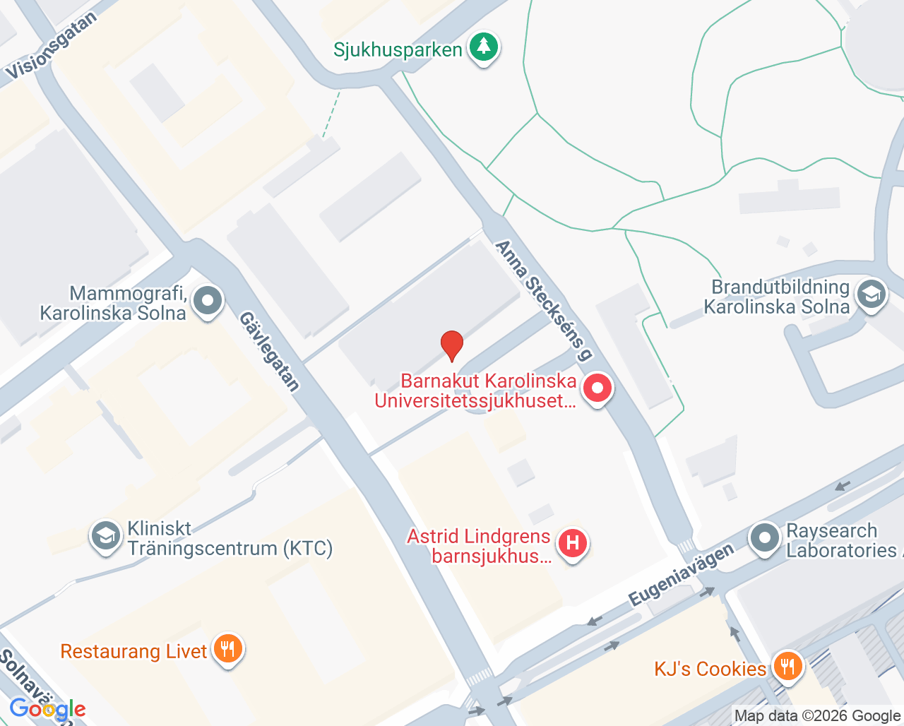 Karta till Dagvård Strålbehandling Solna, Karolinska Universitetssjukhuset
