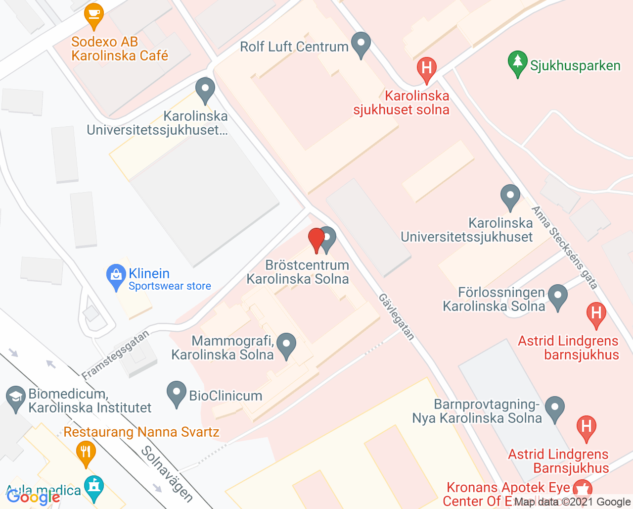 Karta till Dagvård Lounge Solna, Karolinska Universitetssjukhuset