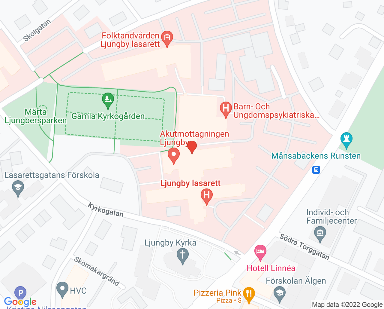 Karta till Onkologklinikens dagsjukvård Ljungby, Ljungby
