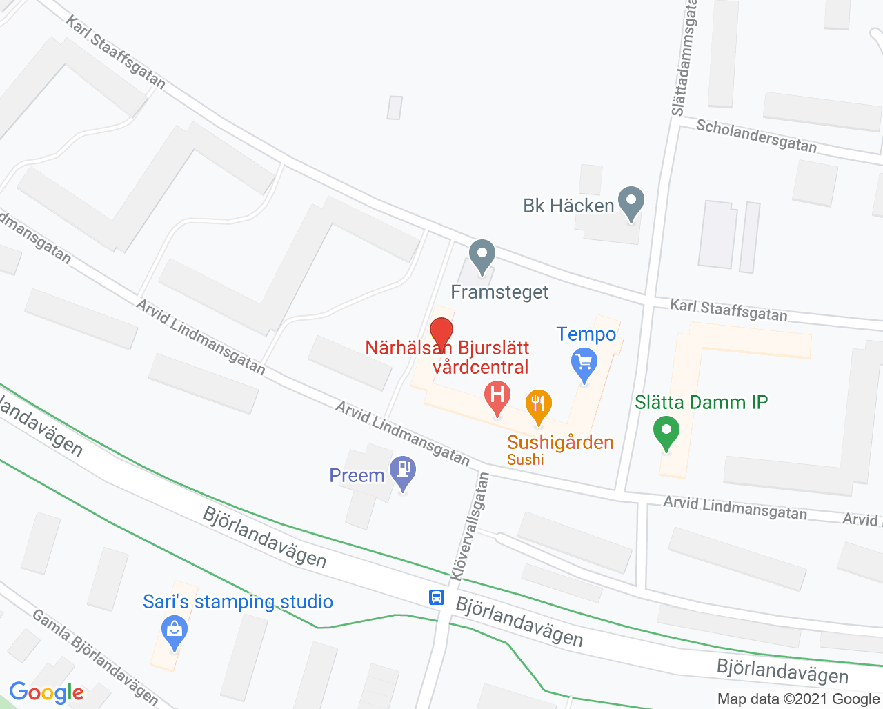 Karta till Närhälsan Bjurslätt vårdcentral, Hisingen Göteborg