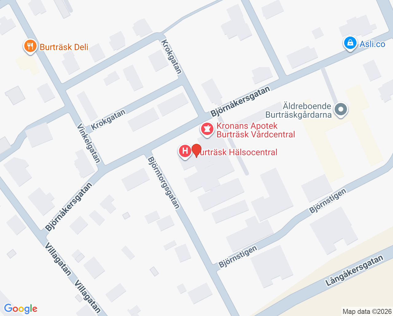 Karta till Burträsk hälsocentral