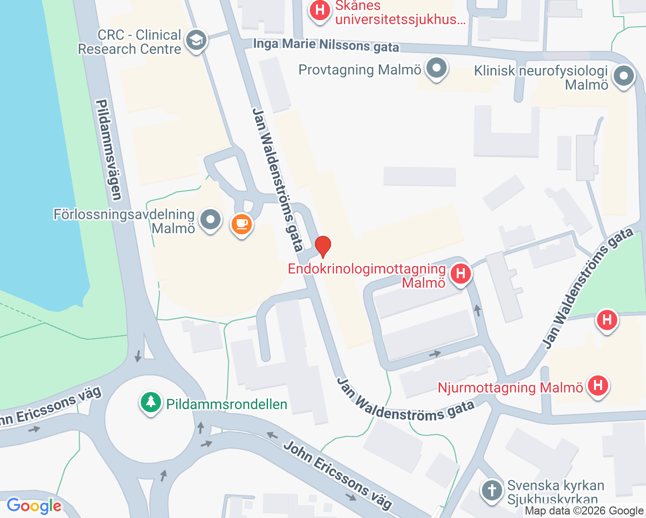 Karta till Öron- näs- och halsmottagning akut Malmö