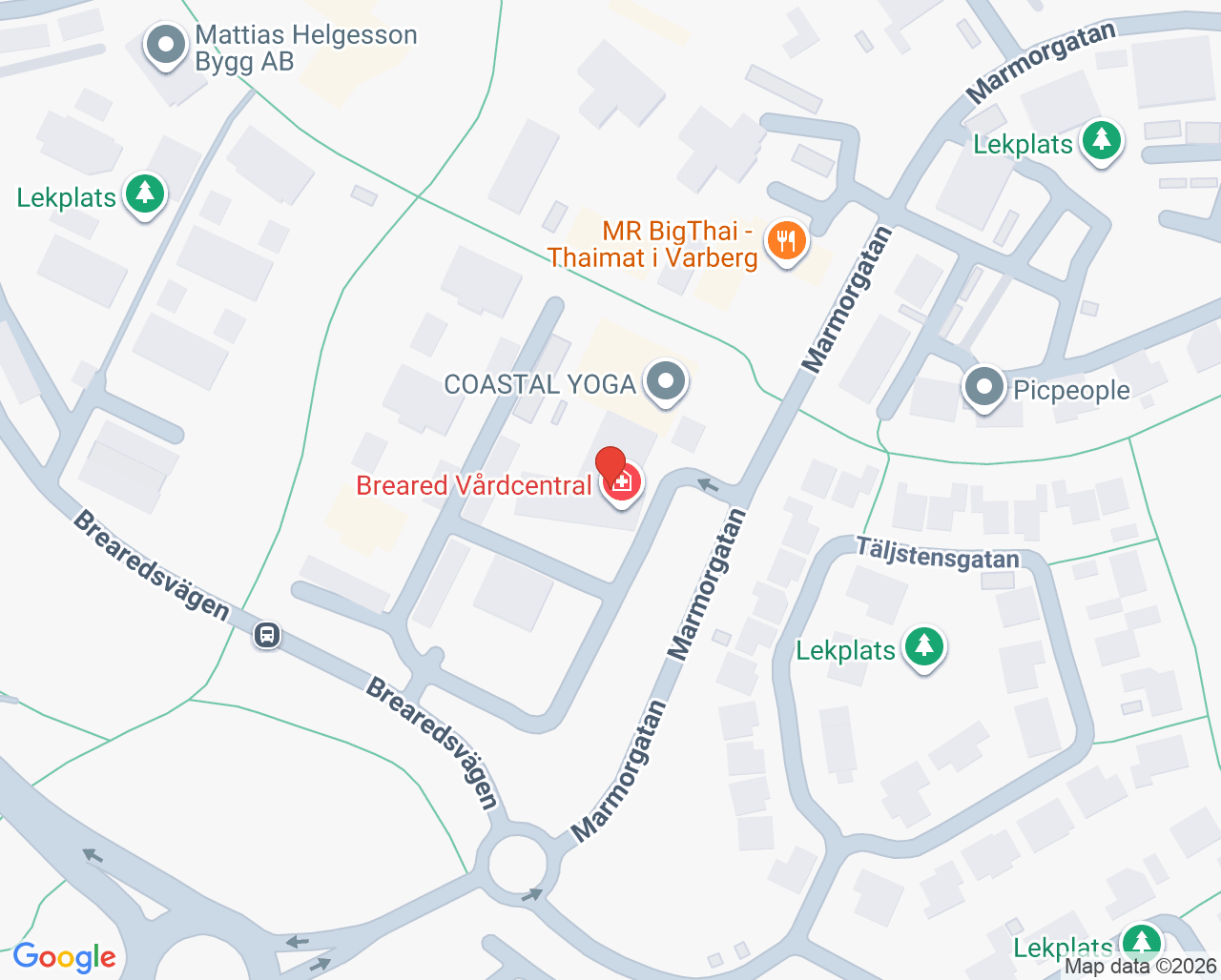 Karta till Vårdcentralen Breared, Varberg
