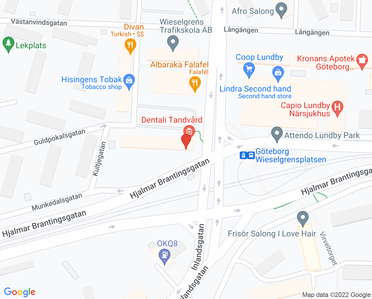 Karta till Dentali Tandvård, Göteborg