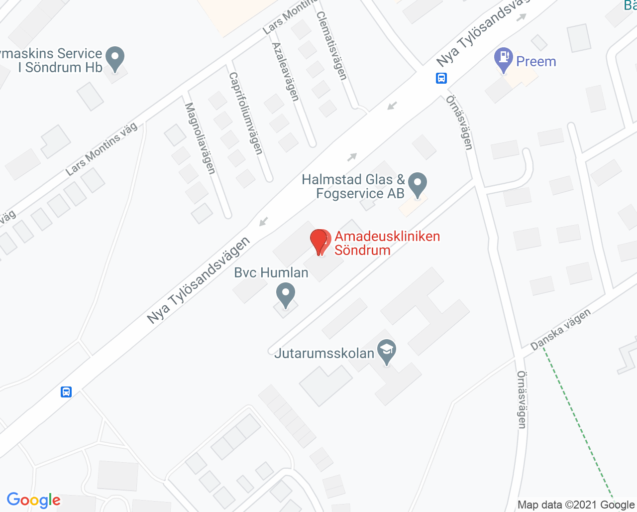 Karta till Amadeuskliniken Söndrum - Frösakull, Halmstad