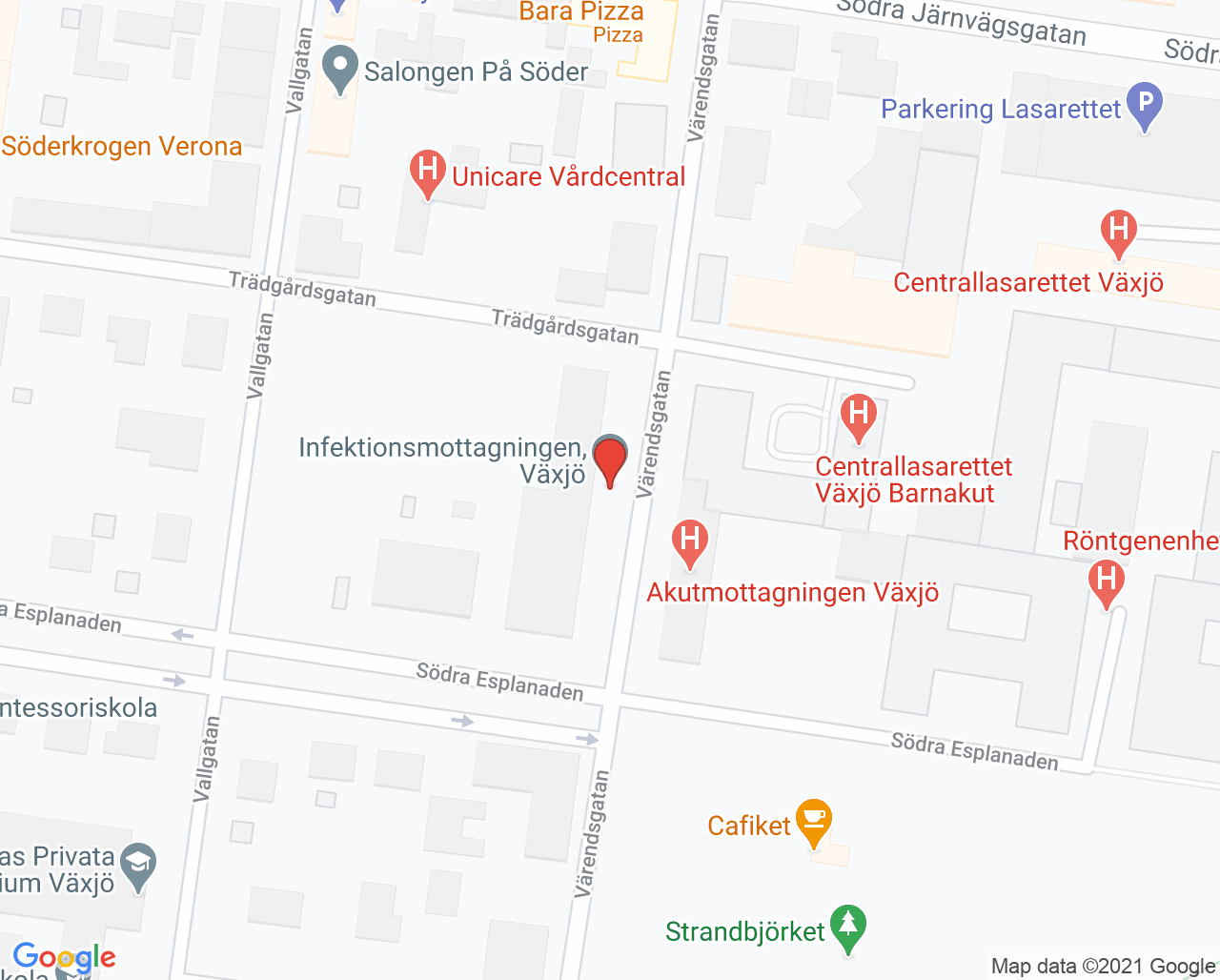 Karta till Infektionsmottagningen, Växjö