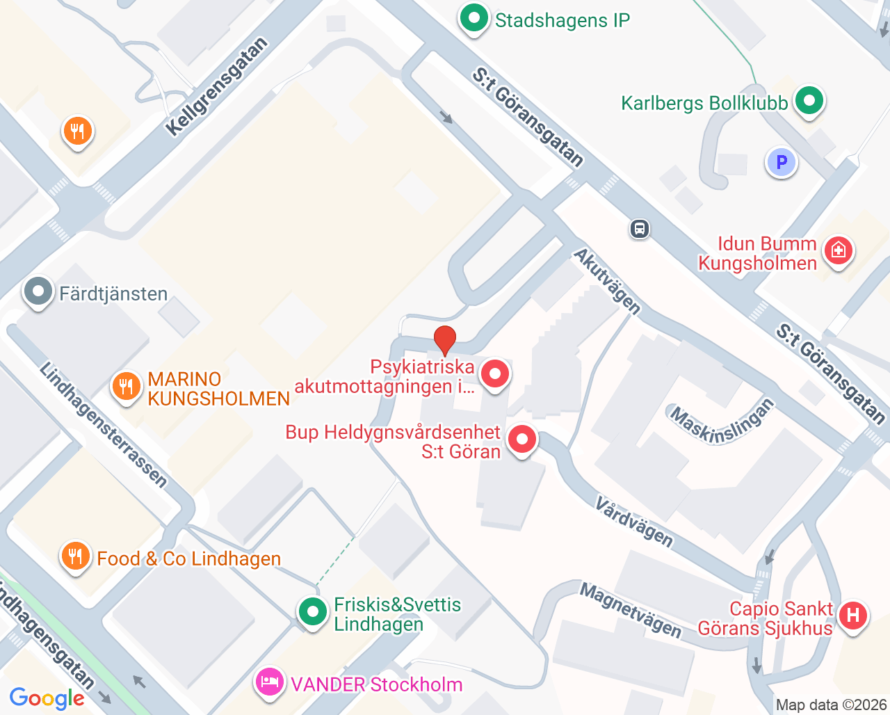 Karta till Beroendeakuten Stockholm, Beroendecentrum Stockholm