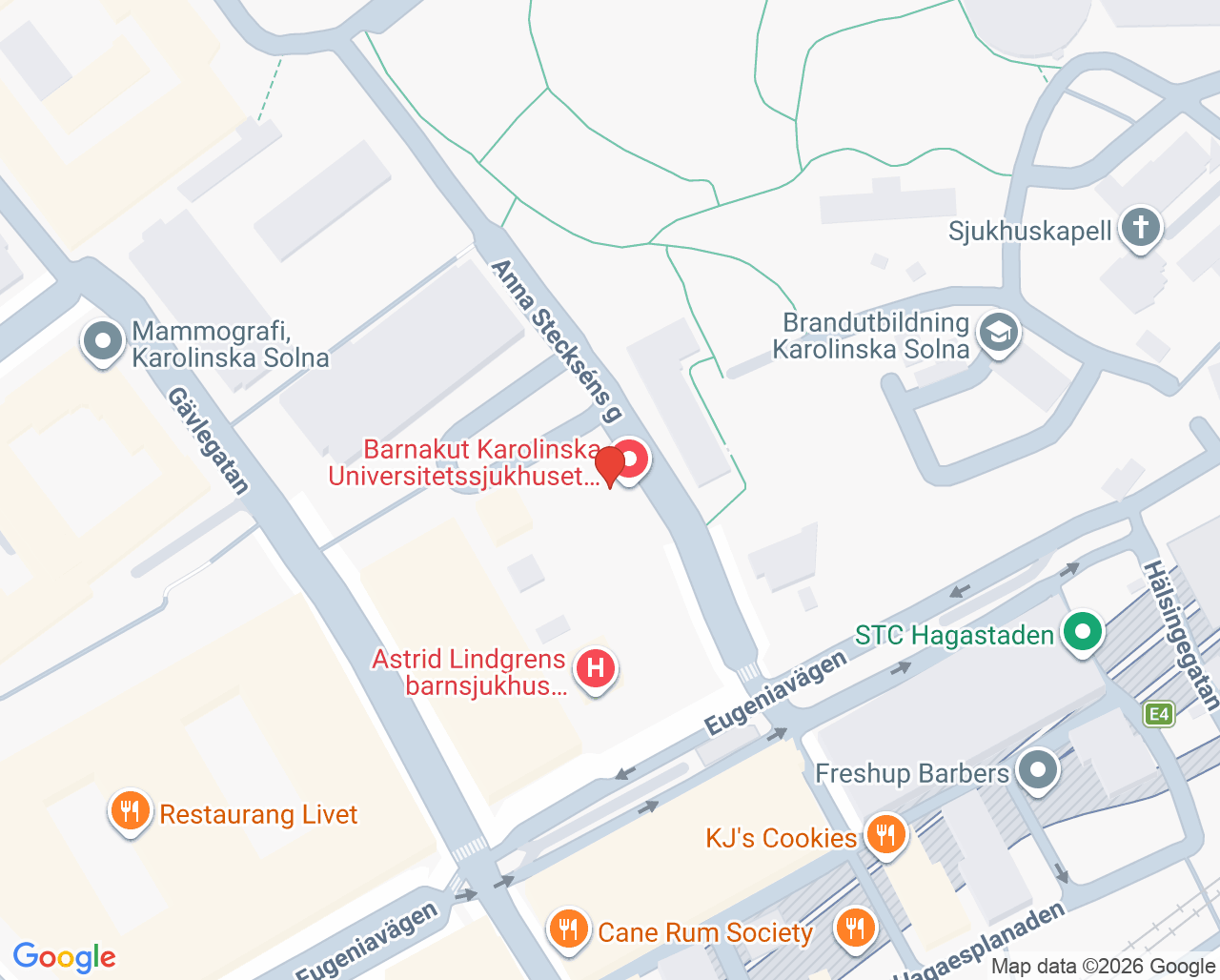 Karta till Akutmottagning Barn Solna, Karolinska Universitetssjukhuset