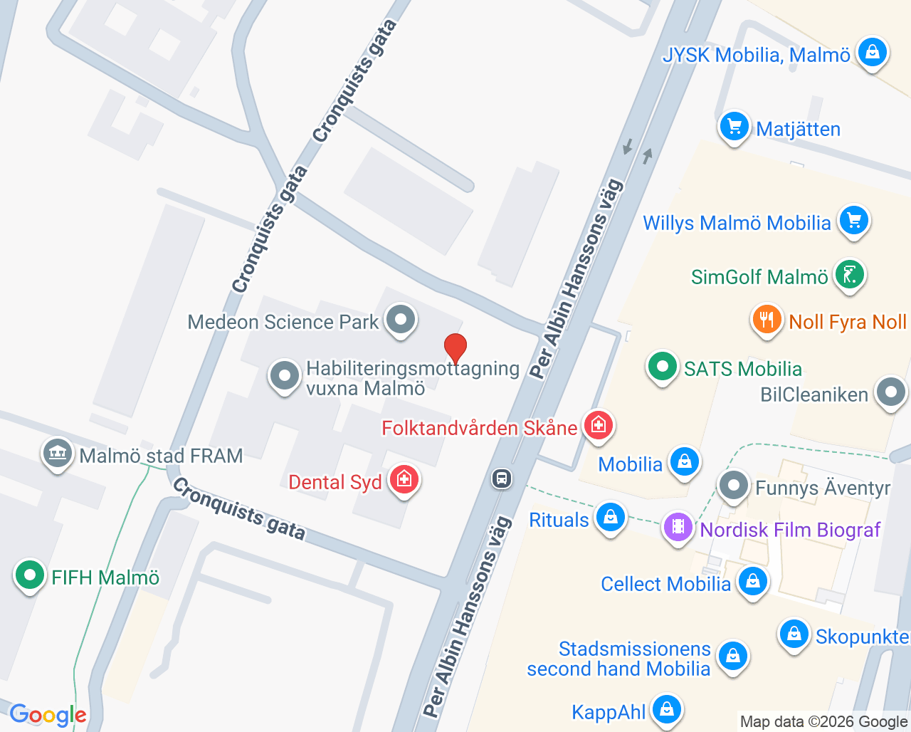 Karta till Barn- och ungdomspsykiatrimottagning ätstörning Malmö