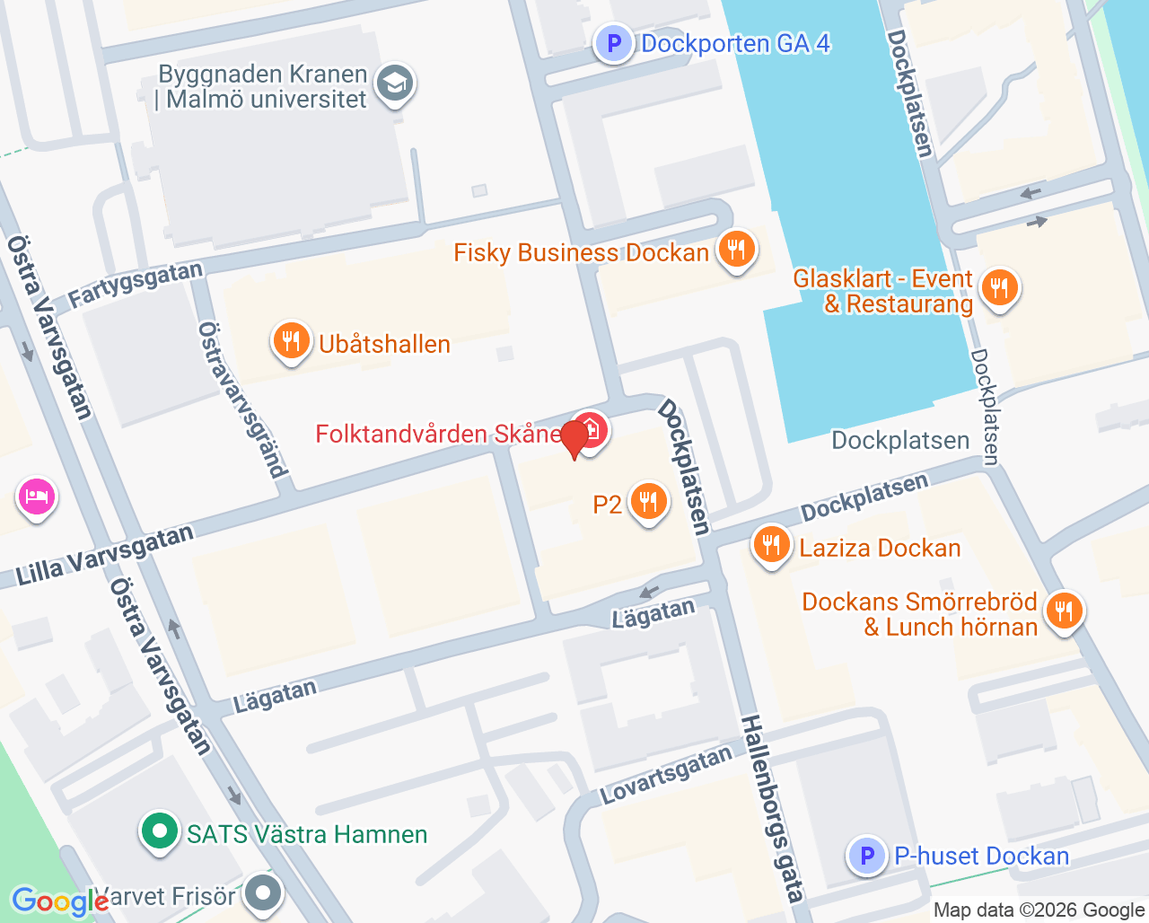 Karta till Malmö Västra Hamnen, Folktandvården Skåne AB