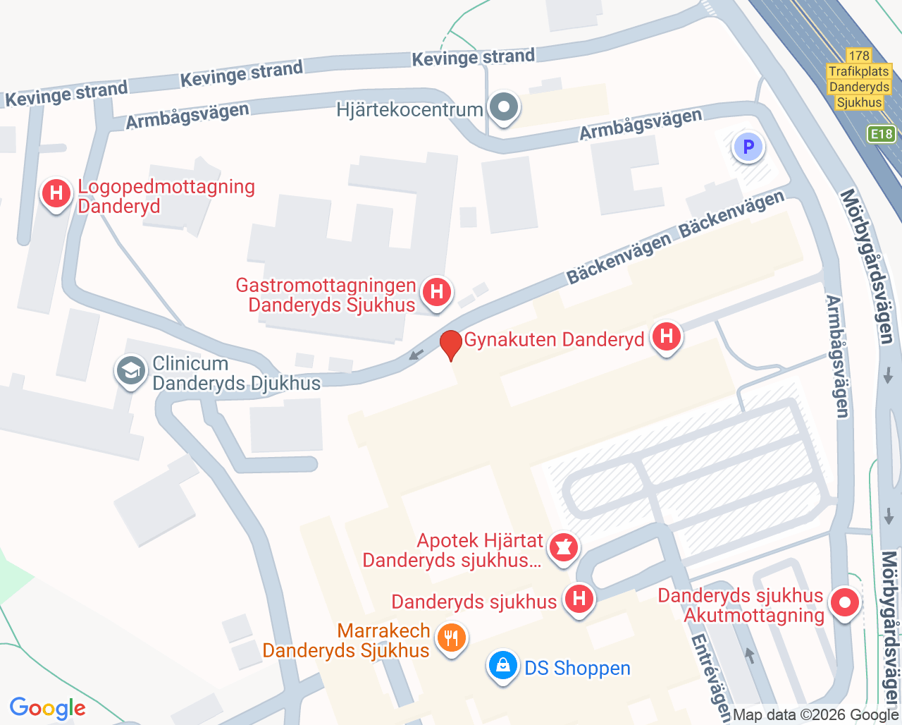 Karta till Akutmottagning förlossning BB Danderyd, Danderyds sjukhus