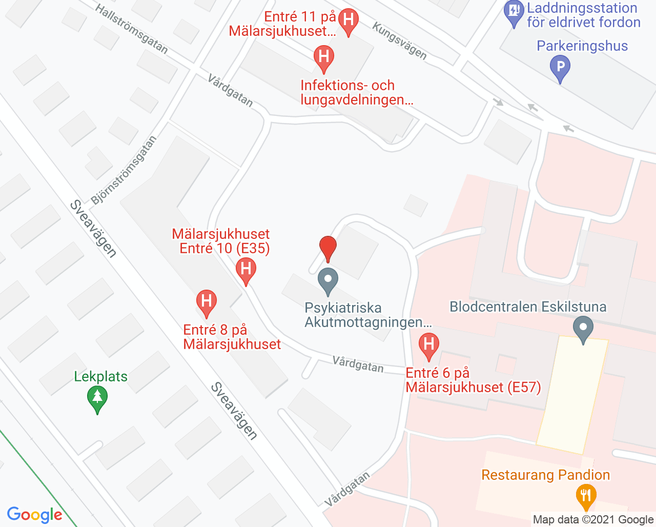 Karta till Beroendecentrum Mälarsjukhuset, Psykiatriska kliniken Mälarsjukhuset, Region Sörmland