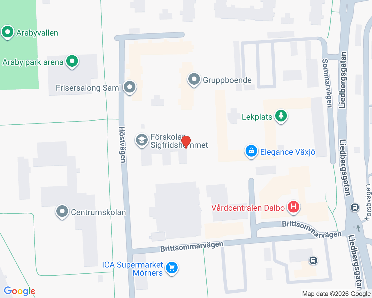 Karta till Barnavårdscentralen Dalbo, Araby Familjecentral