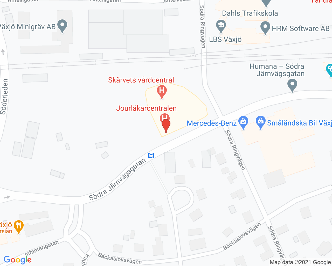 Karta till Jourläkarcentralen Växjö, Söder Växjö