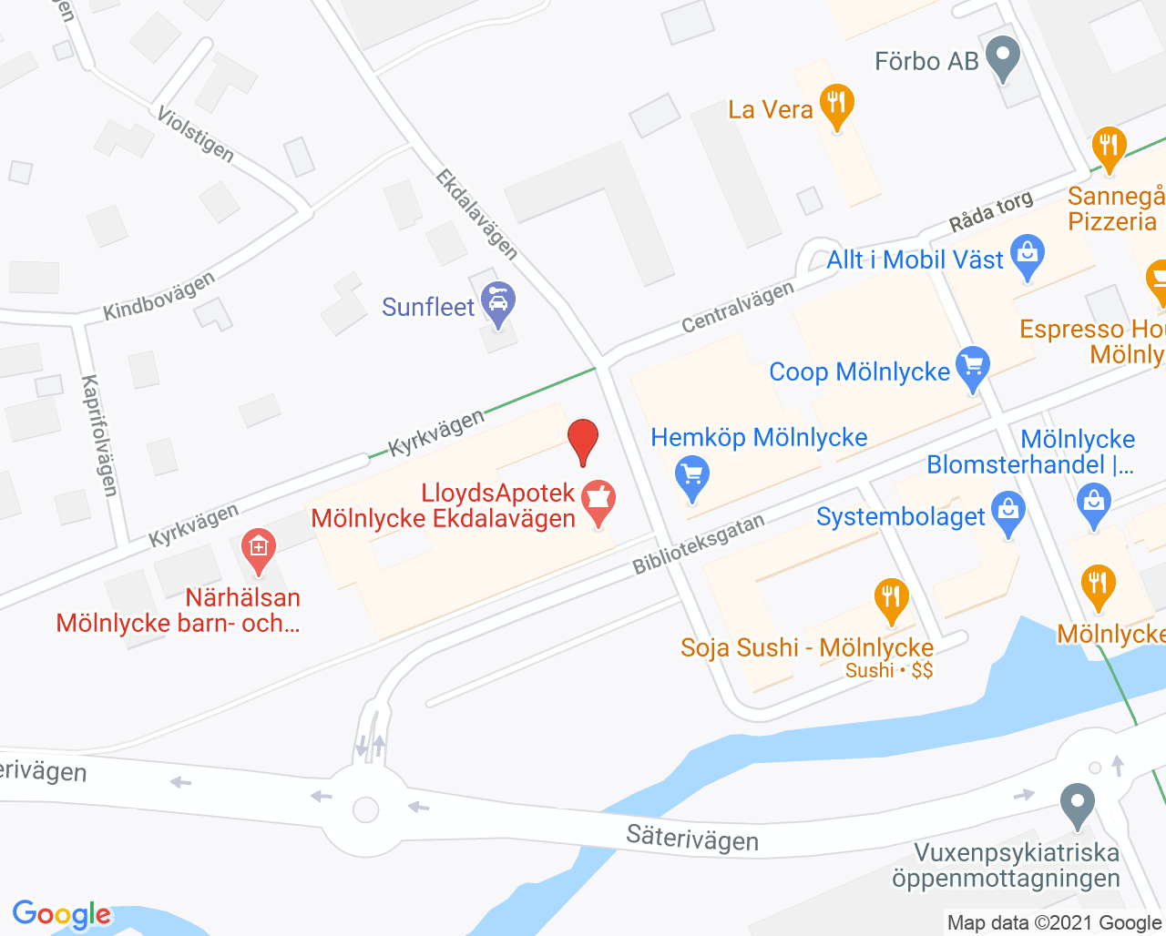 Karta till Närhälsan Mölnlycke vårdcentral, Mölnlycke