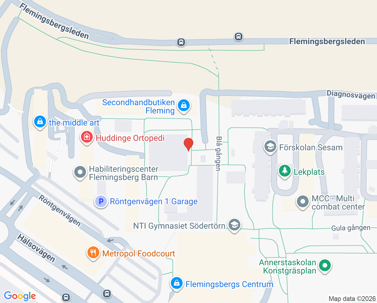 Karta till Praktikertjänst Rehab Flemingsberg Logoped