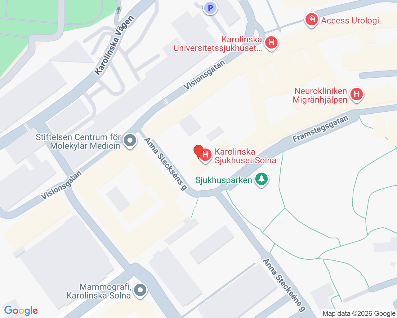 Karta till Mottagning Barn SABH Solna, Karolinska Universitetssjukhuset