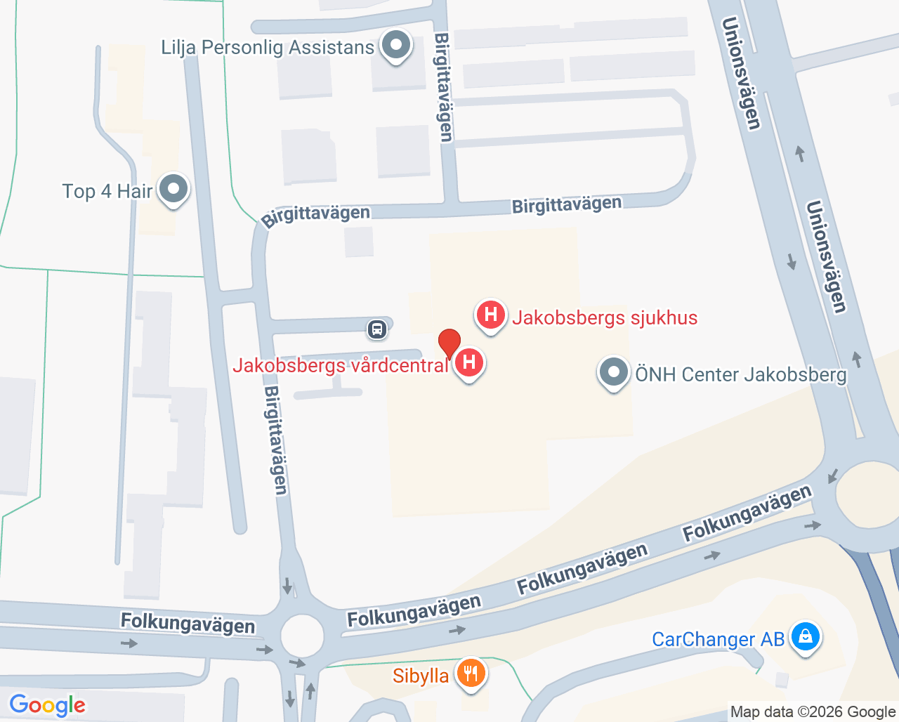 Karta till Logopedmottagning Jakobsberg, Danderyds sjukhus
