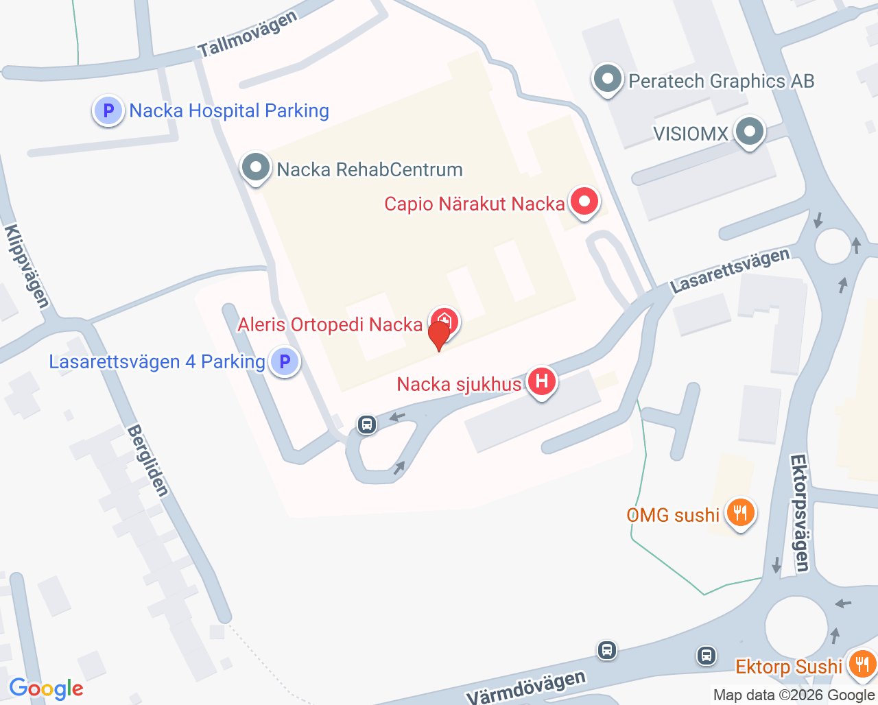 Karta till Nackamottagningen, Sachsska barn- och ungdomssjukhuset