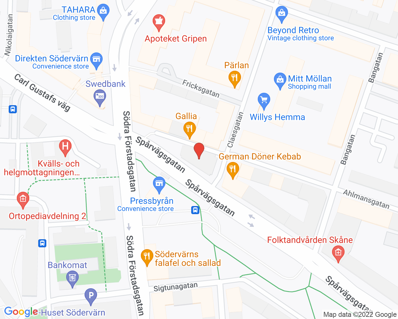 Karta till Vuxenpsykiatrimottagning Spårvägsgatan Malmö