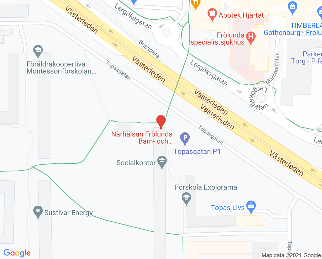 Karta till Frölunda barn- och ungdomsmedicinsk mottagning, Västra Frölunda