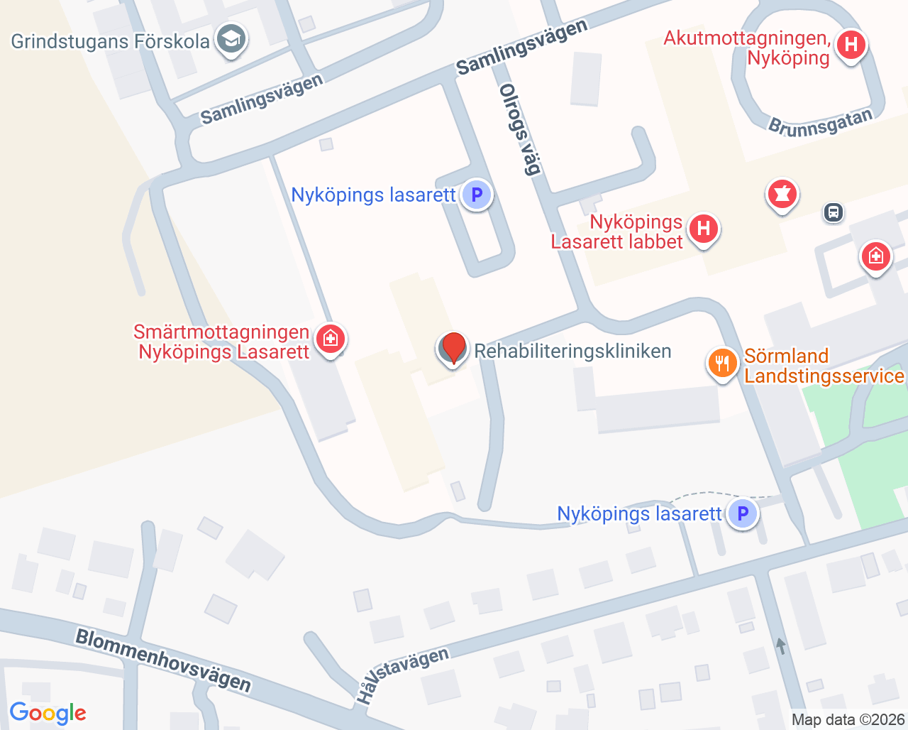 Karta till Onkologimottagningen Nyköpings lasarett, Nyköping