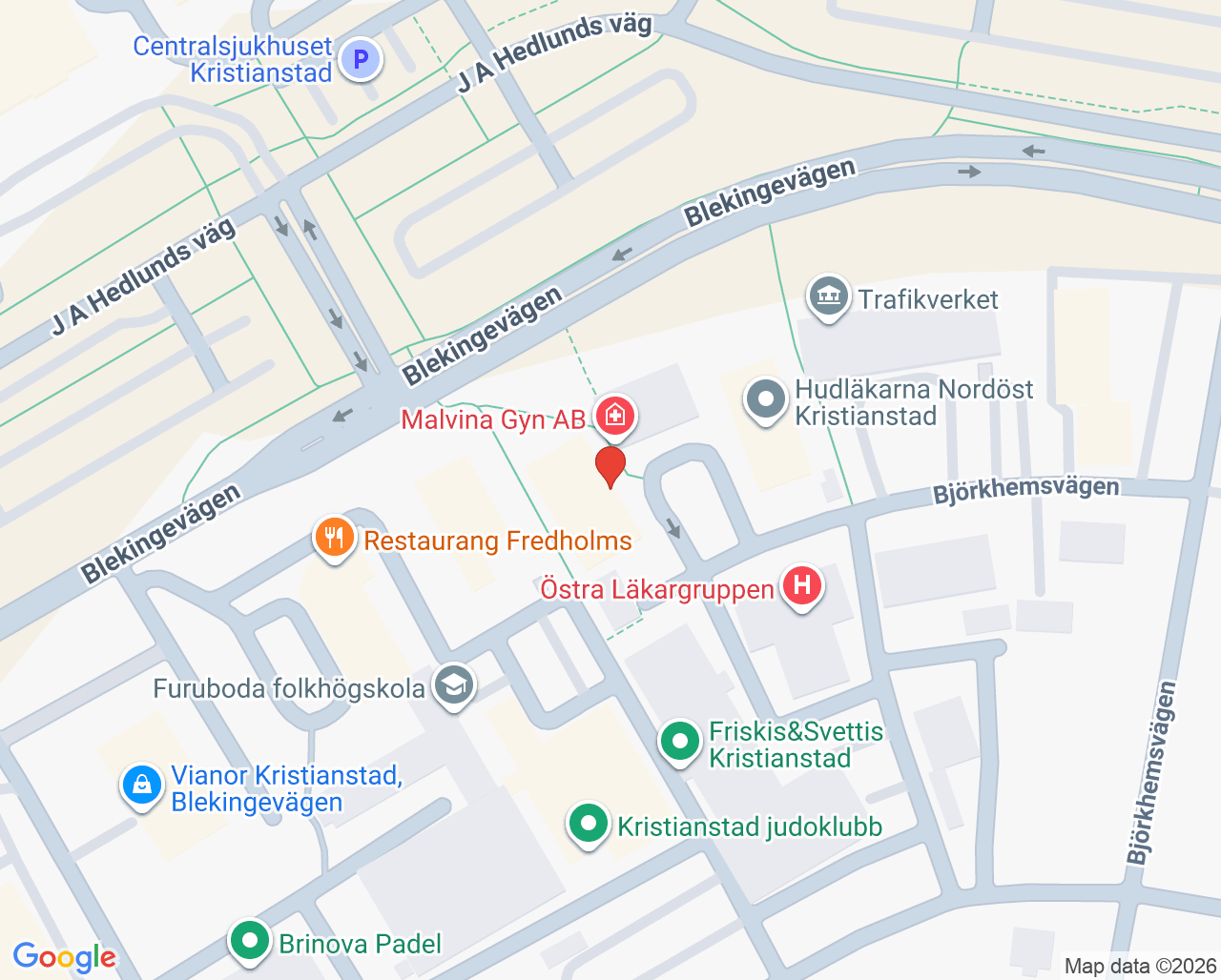 Karta till Malvina Gynmottagning, Kristianstad