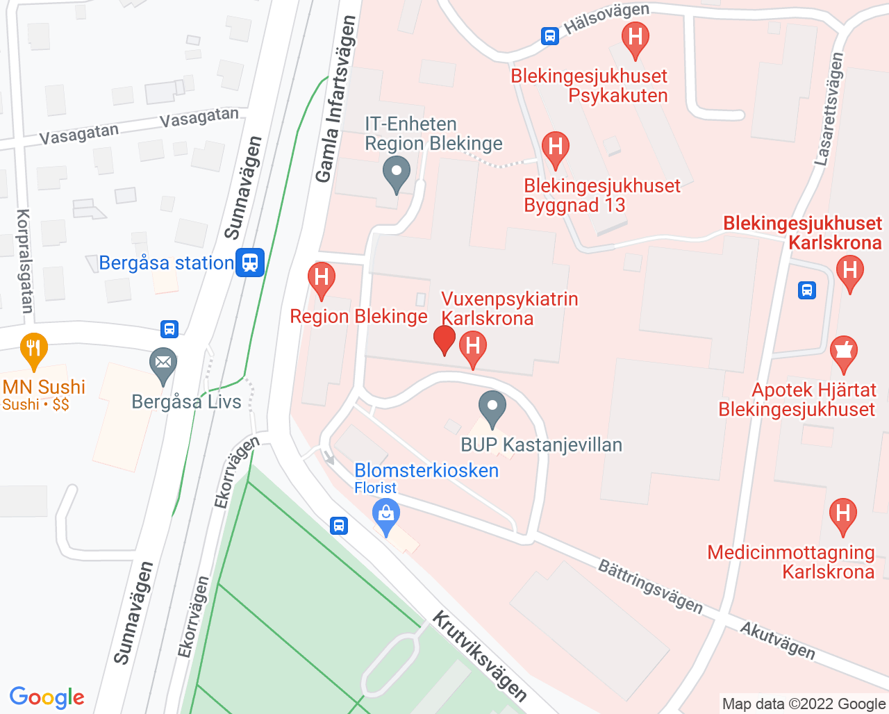 Karta till Vuxenpsykiatrisk vårdavdelning 28, Karlskrona