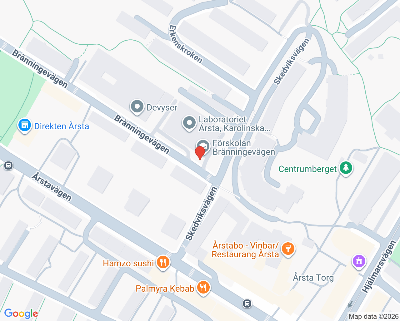Karta till Provtagningscentral Årsta, Karolinska Universitetssjukhuset