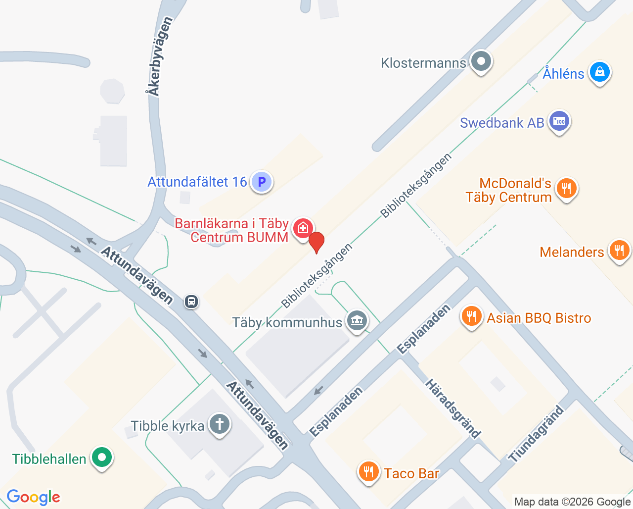 Karta till Täby Centrum Fysioterapi - Eva Strand, I gamla Täby Närsjukhus