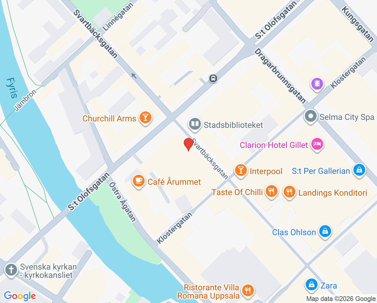 Karta till Kronans Apotek Svartbäcksgatan vaccinationsmottagning, Uppsala