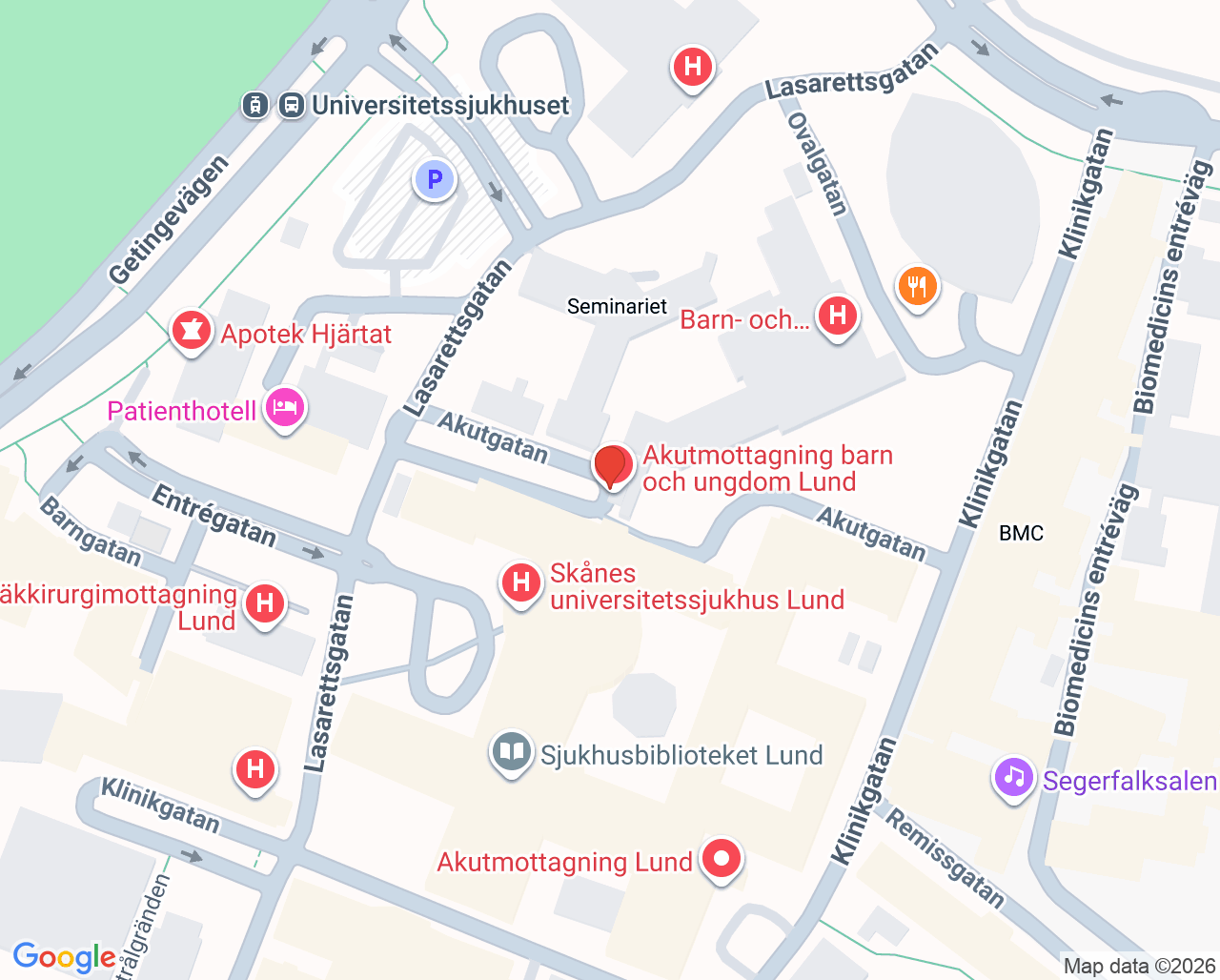 Karta till Akutmottagning barn och ungdom Lund
