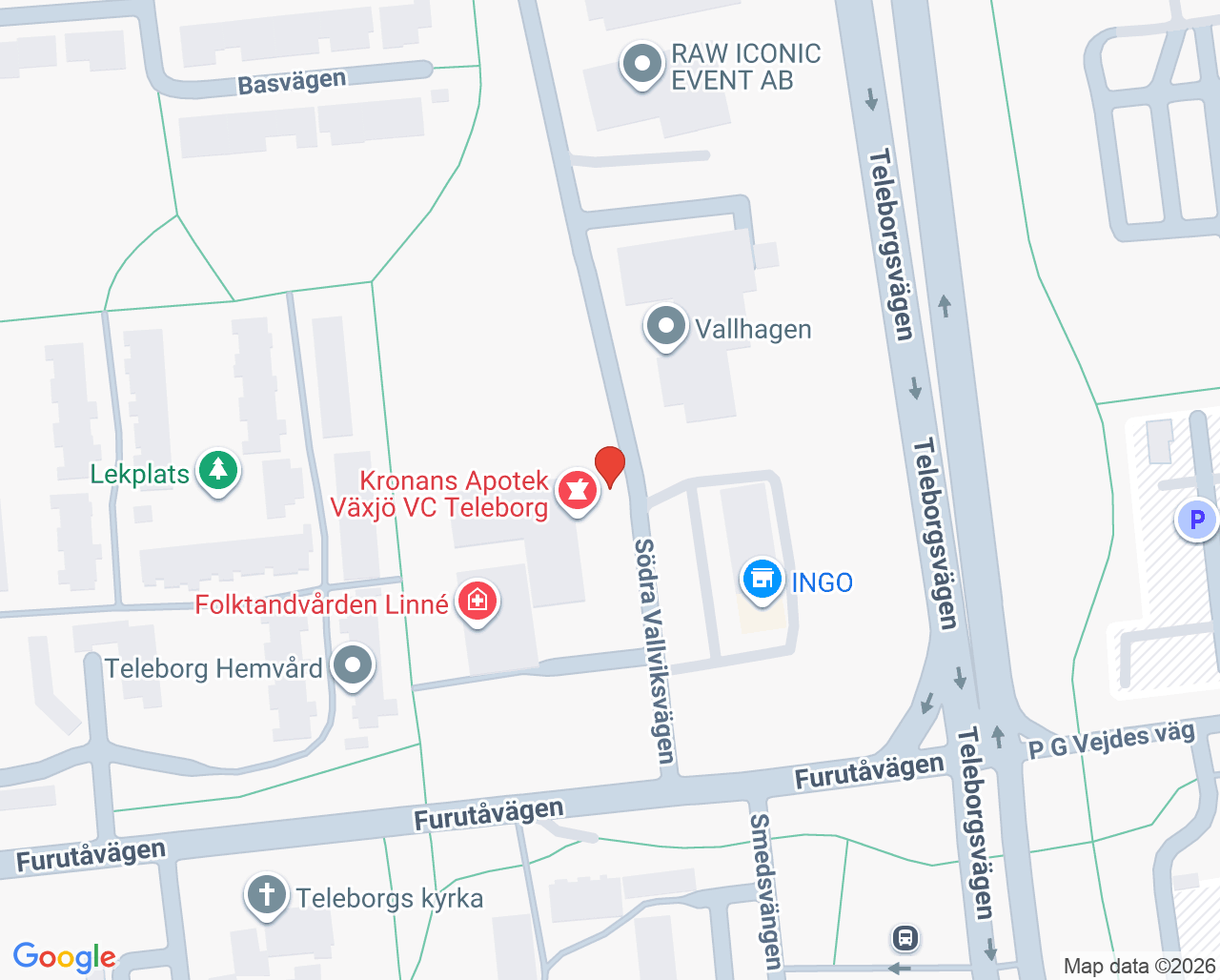 Karta till Teleborg primärvårdsrehab, Växjö