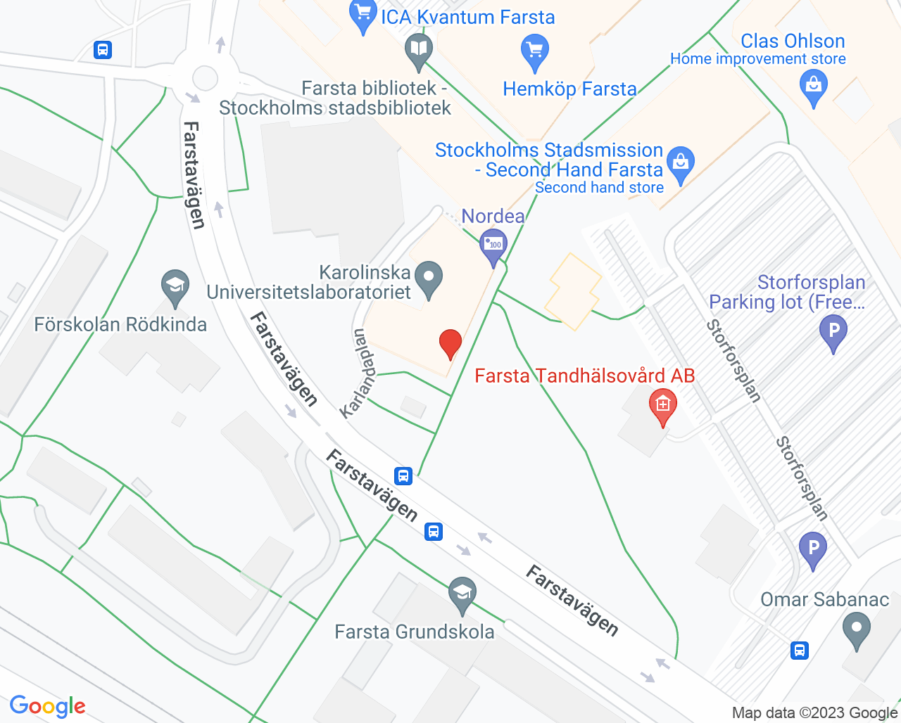 Karta till Närlaboratorium Farsta läkarhus, Karolinska Universitetssjukhuset
