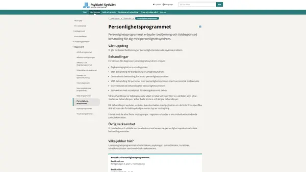 Personlighetsprogrammet, Psykiatri Sydväst