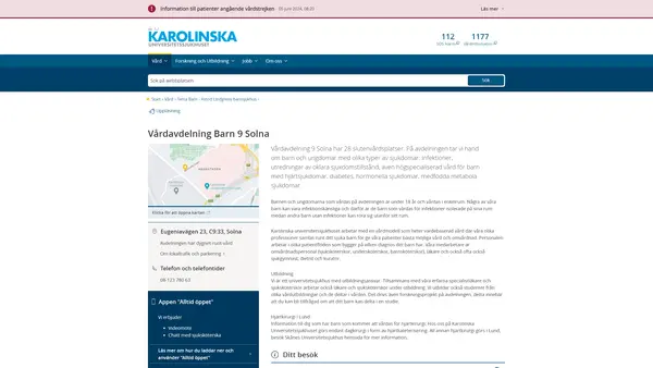 Vårdavdelning Barn 9 Solna, Karolinska Universitetssjukhuset