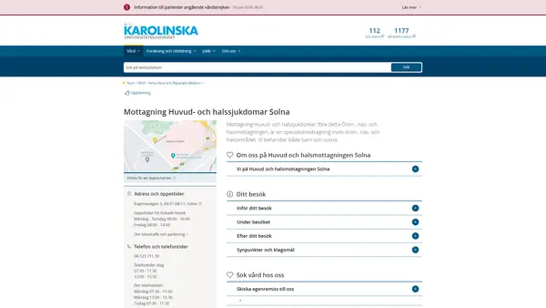 Mottagning Huvud- och halssjukdomar Solna, Karolinska Universitetssjukhuset
