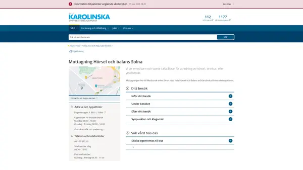 Mottagning Hörsel och balans Solna, Karolinska Universitetssjukhuset