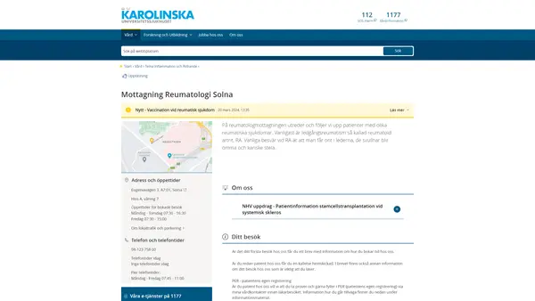 Vårdavdelning Reuma hud njurmedicin Solna, Karolinska Universitetssjukhuset