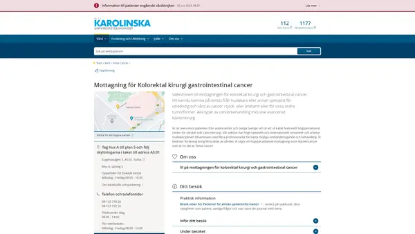 Mottagning Kolorektal kirurgi gastrointestinal cancer Solna, Karolinska Universitetssjukhuset