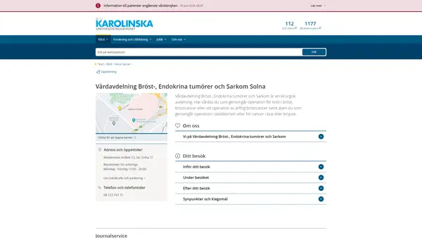Vårdavdelning Bröst Endokr Sarkom Solna, Karolinska Universitetssjukhuset
