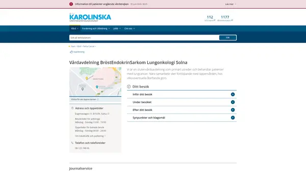 Vårdavdelning Onkologi 10 Solna, Karolinska Universitetssjukhuset