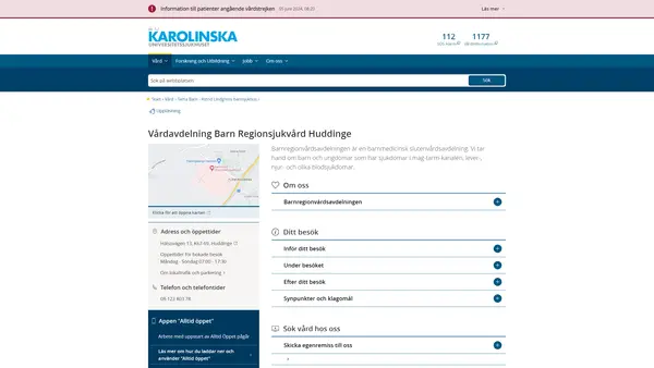Vårdavdelning Barn Regionsjukvård Huddinge, Karolinska Universitetssjukhuset