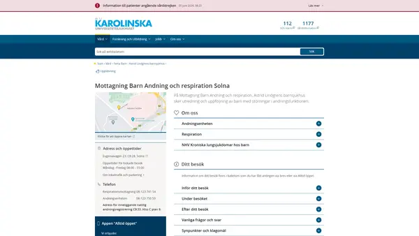 Mottagning Barn Andning och respiration Solna, Karolinska Universitetssjukhuset