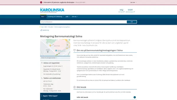 Mottagning Barnreumatologi Solna, Karolinska Universitetssjukhuset