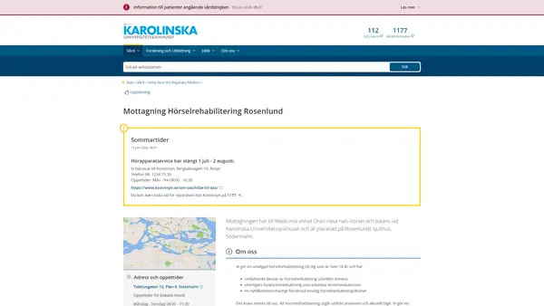 Mottagning Hörselrehabilitering Rosenlund, Karolinska Universitetssjukhuset