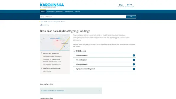 Akutmottagning Öron näsa hals Huddinge, Karolinska Universitetssjukhuset