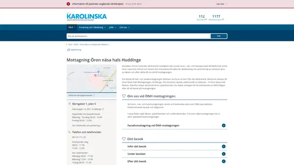 Mottagning Öron näsa hals Huddinge, Karolinska Universitetssjukhuset